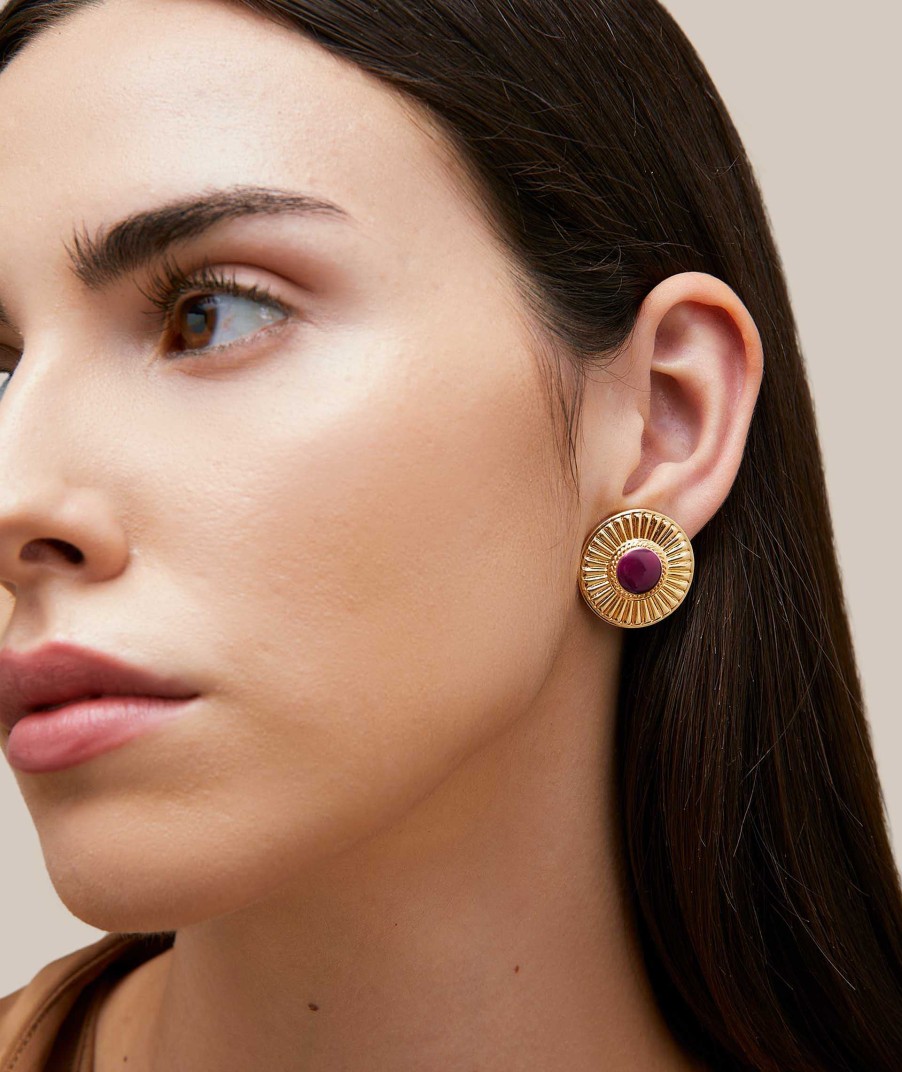 Pendientes Vidal & Vidal | Pendientes Chapado Oro 18 Kt Motivo Con Relieve Ciruela